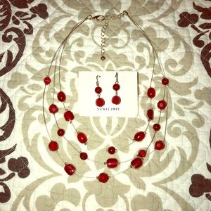 Ruby Red Jewel Necklace and Earrings